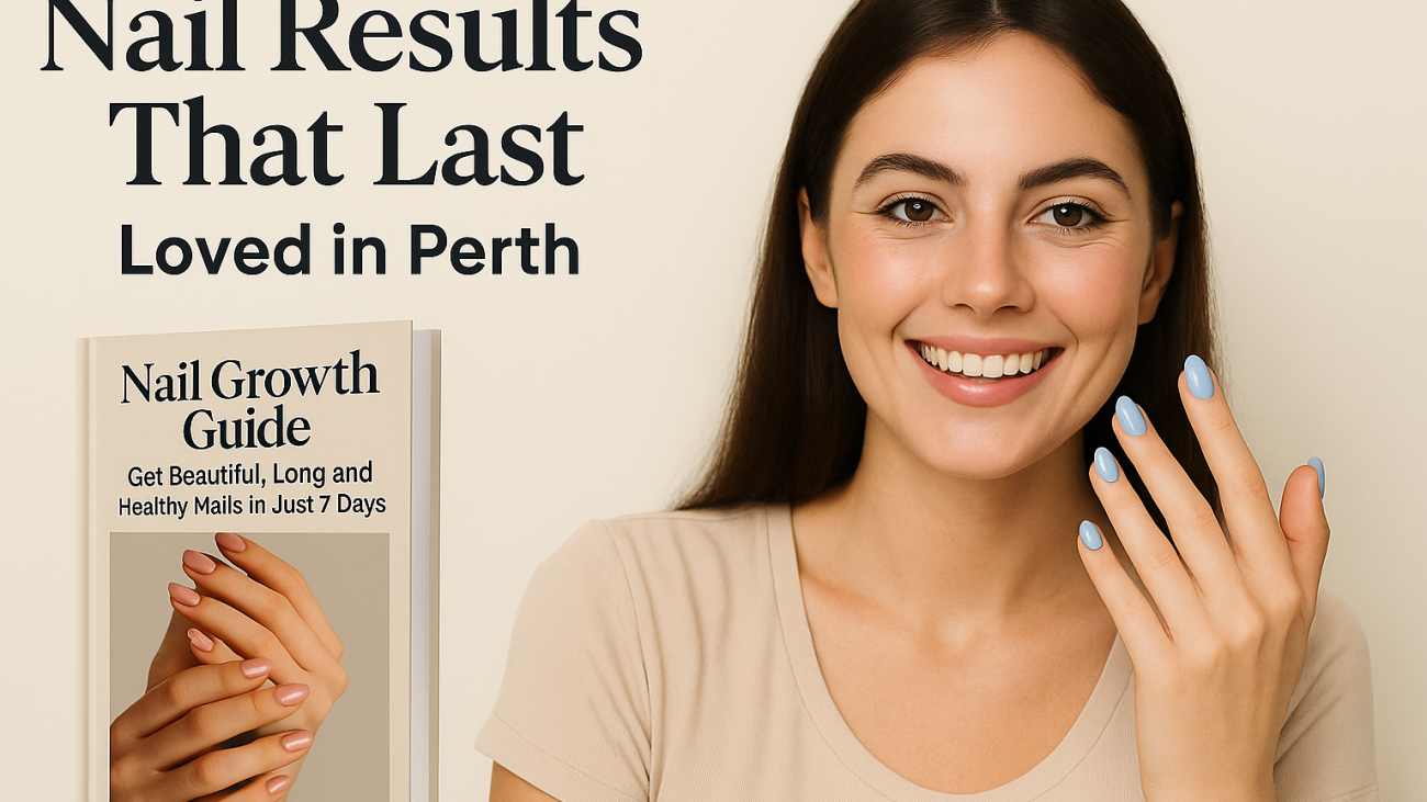 alt="Smiling woman with light blue manicured nails touching her chin, next to Nail Growth Guide book promoting long-lasting nail results in Perth"