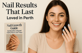 alt="Smiling woman with light blue manicured nails touching her chin, next to Nail Growth Guide book promoting long-lasting nail results in Perth"