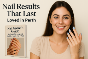 alt="Smiling woman with light blue manicured nails touching her chin, next to Nail Growth Guide book promoting long-lasting nail results in Perth"
