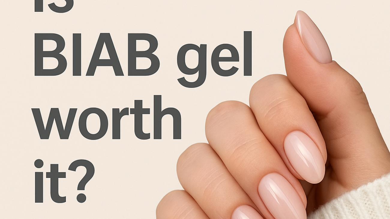 BIAB gel nails in soft nude color next to the question 'Is BIAB gel worth it?
