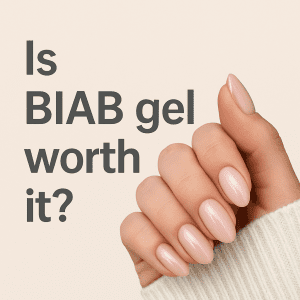 BIAB gel nails in soft nude color next to the question 'Is BIAB gel worth it?