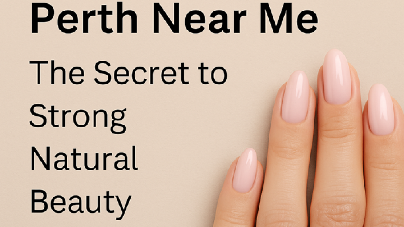 alt="BIAB Nails Perth Near Me – Soft pink natural nails with text 'The Secret to Strong Natural Beauty' by DeLuxe Nina Nails"