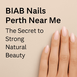 alt="BIAB Nails Perth Near Me β Soft pink natural nails with text 'The Secret to Strong Natural Beauty' by DeLuxe Nina Nails"