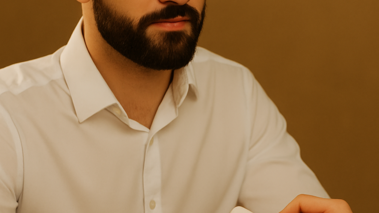 Professional manicure for men: A well-groomed man with a beard receives a nail care treatment, with a technician carefully filing his nails. The image promotes 'Manicure for Men: The Ultimate Guide to Nail Care'