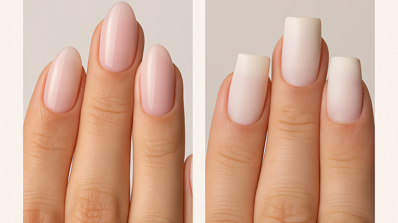 Close-up comparison of gel nails and acrylic nails on two hands, showing the natural, glossy finish of gel nails versus the thicker, matte look of acrylic nails – DeLuxe Nina Nails