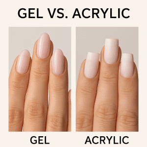 Close-up comparison of gel nails and acrylic nails on two hands, showing the natural, glossy finish of gel nails versus the thicker, matte look of acrylic nails – DeLuxe Nina Nails