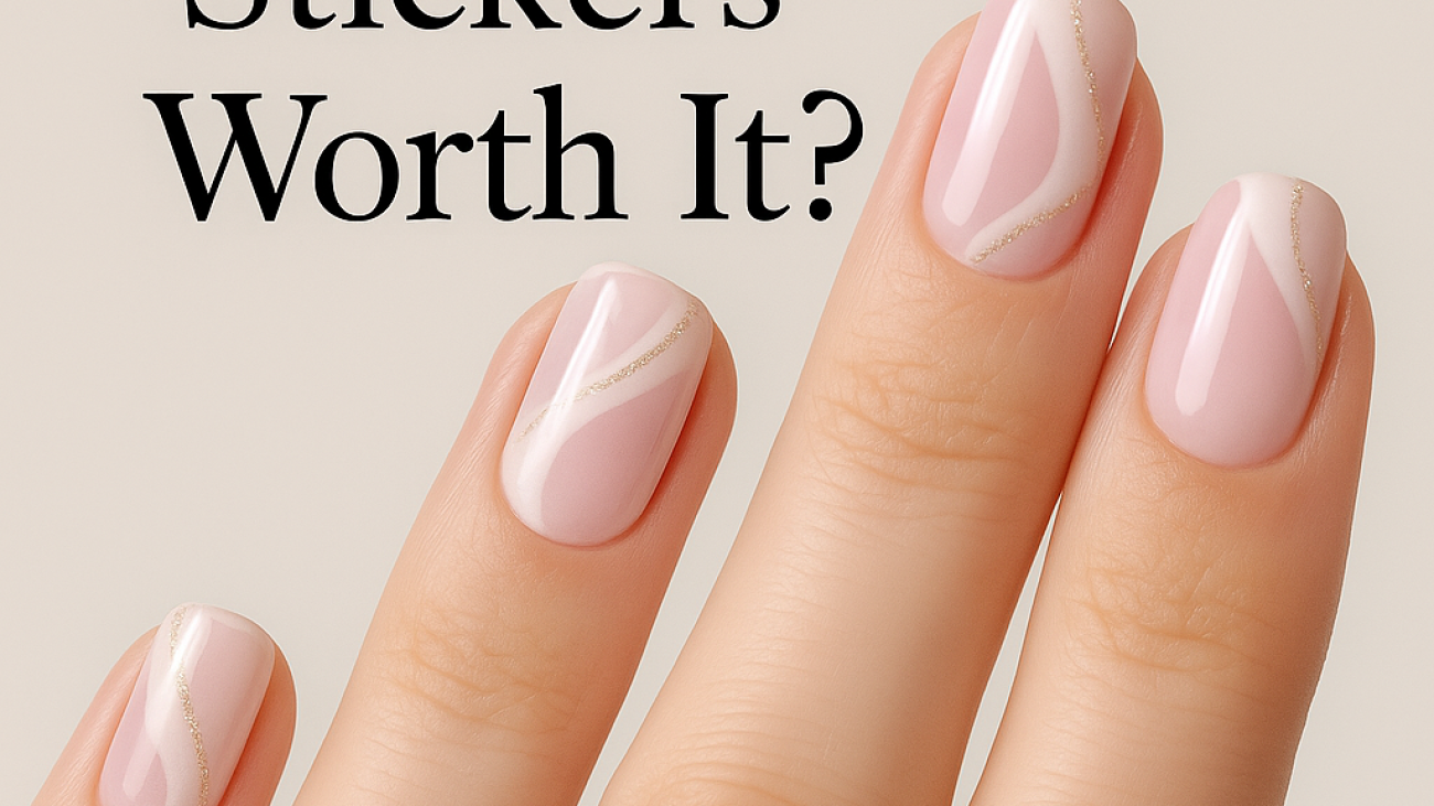 A close-up of a beautiful hand, showcasing pastel pink nail stickers with subtle gold glitter, invites you to reflect: Are nail stickers truly enough to achieve elegance?