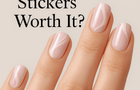 A close-up of a beautiful hand, showcasing pastel pink nail stickers with subtle gold glitter, invites you to reflect: Are nail stickers truly enough to achieve elegance?