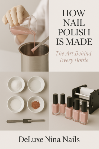 Person wearing gloves pouring pink nail polish into a mixing container – DeLuxe Nina Nails