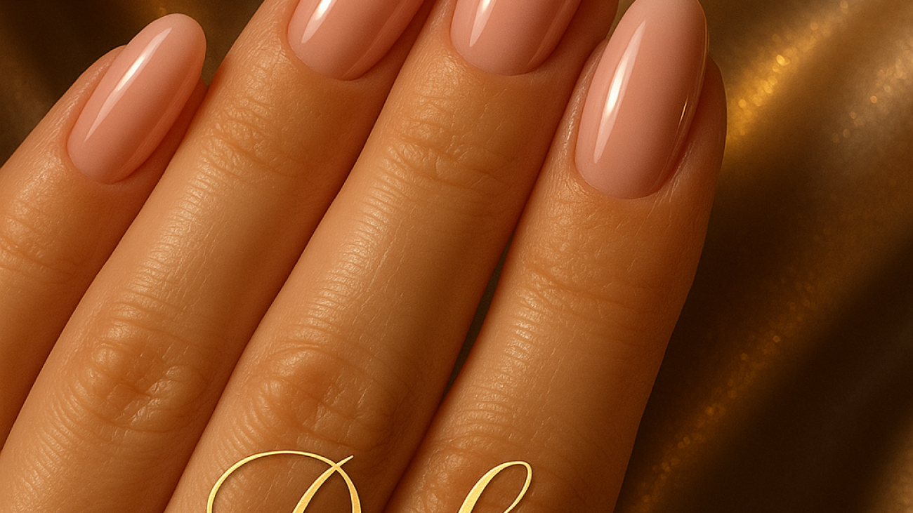 Luxury polished nails with pastel pink manicure on a woman's hand resting on golden satin fabric, featuring the text DeLuxe Nina Nails in elegant gold lettering