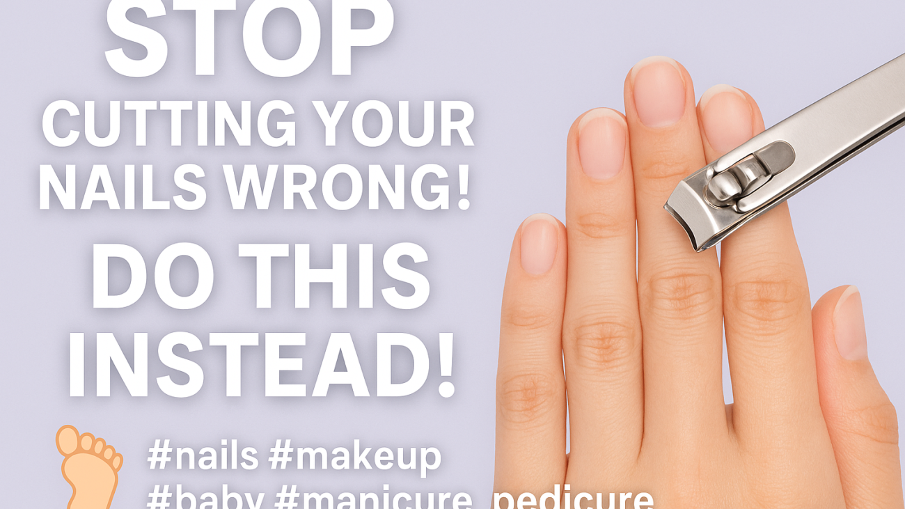 "How to cut your nails correctly — hand with nail clippers showing the proper way to trim nails, with text Stop Cutting Your Nails Wrong! Do This Instead, by DeLuxe Nina Nails"