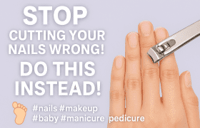 "How to cut your nails correctly — hand with nail clippers showing the proper way to trim nails, with text Stop Cutting Your Nails Wrong! Do This Instead, by DeLuxe Nina Nails"