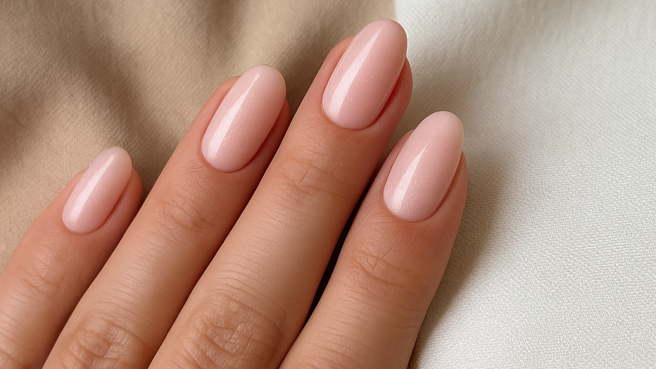 Close-up of a woman’s hand with elegant nude pink manicure on almond-shaped nails, resting on soft beige and white fabric – DeLuxe Nina Nails, best manicure in Perth